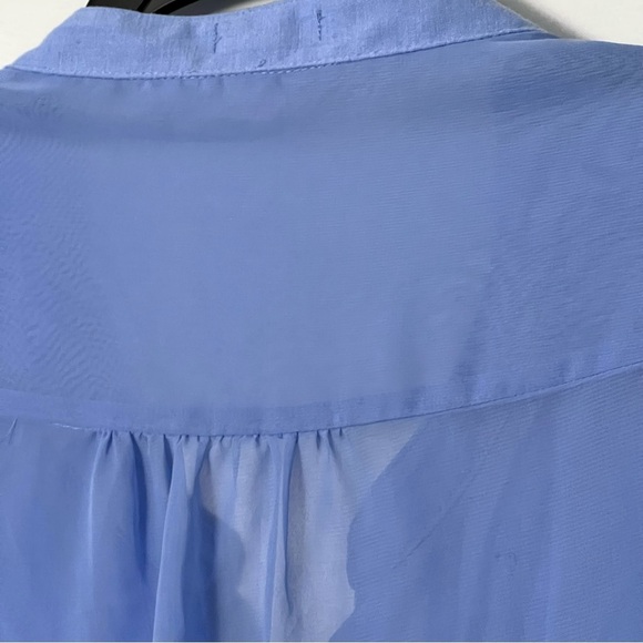 Blue Lace Front Top Size Large Sheer Chiffon Back Button Tab Sleeve Cornflower - Picture 8 of 9